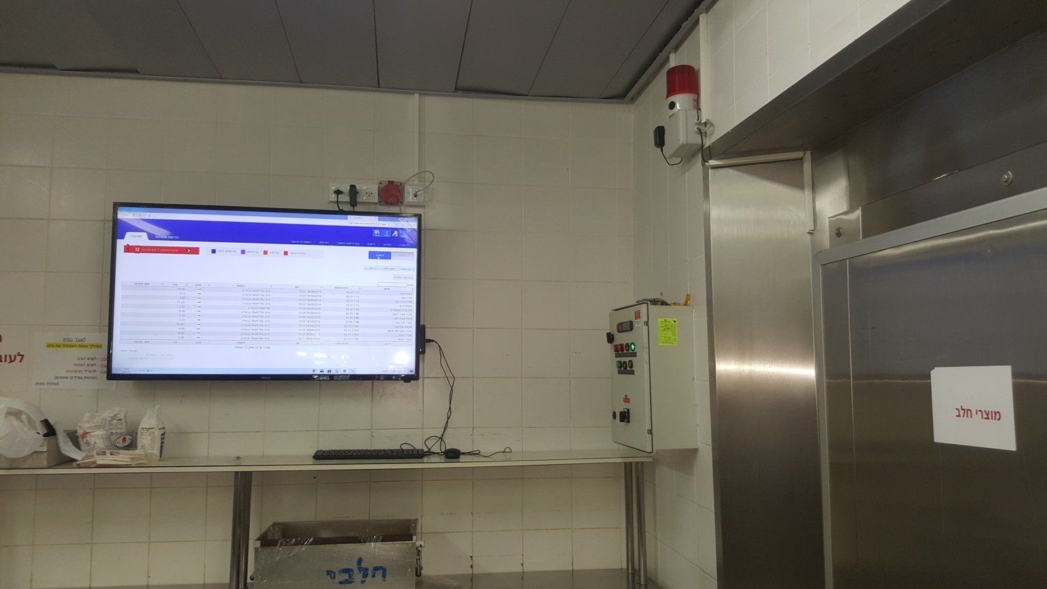 טלוויזיה בעלת מסך שטוח תלויה על קיר במטבח.