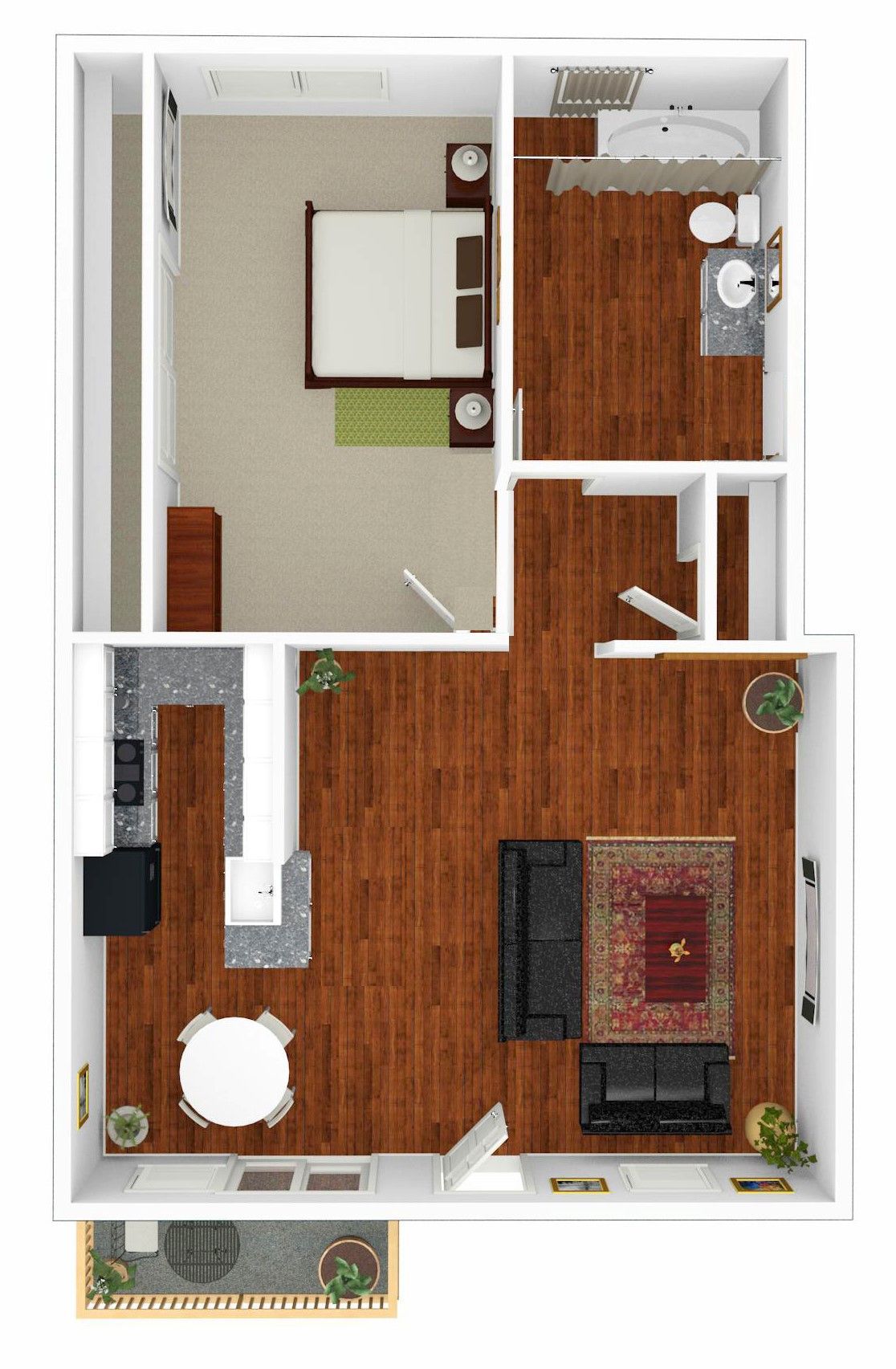 A floor plan of a small apartment with hardwood floors
