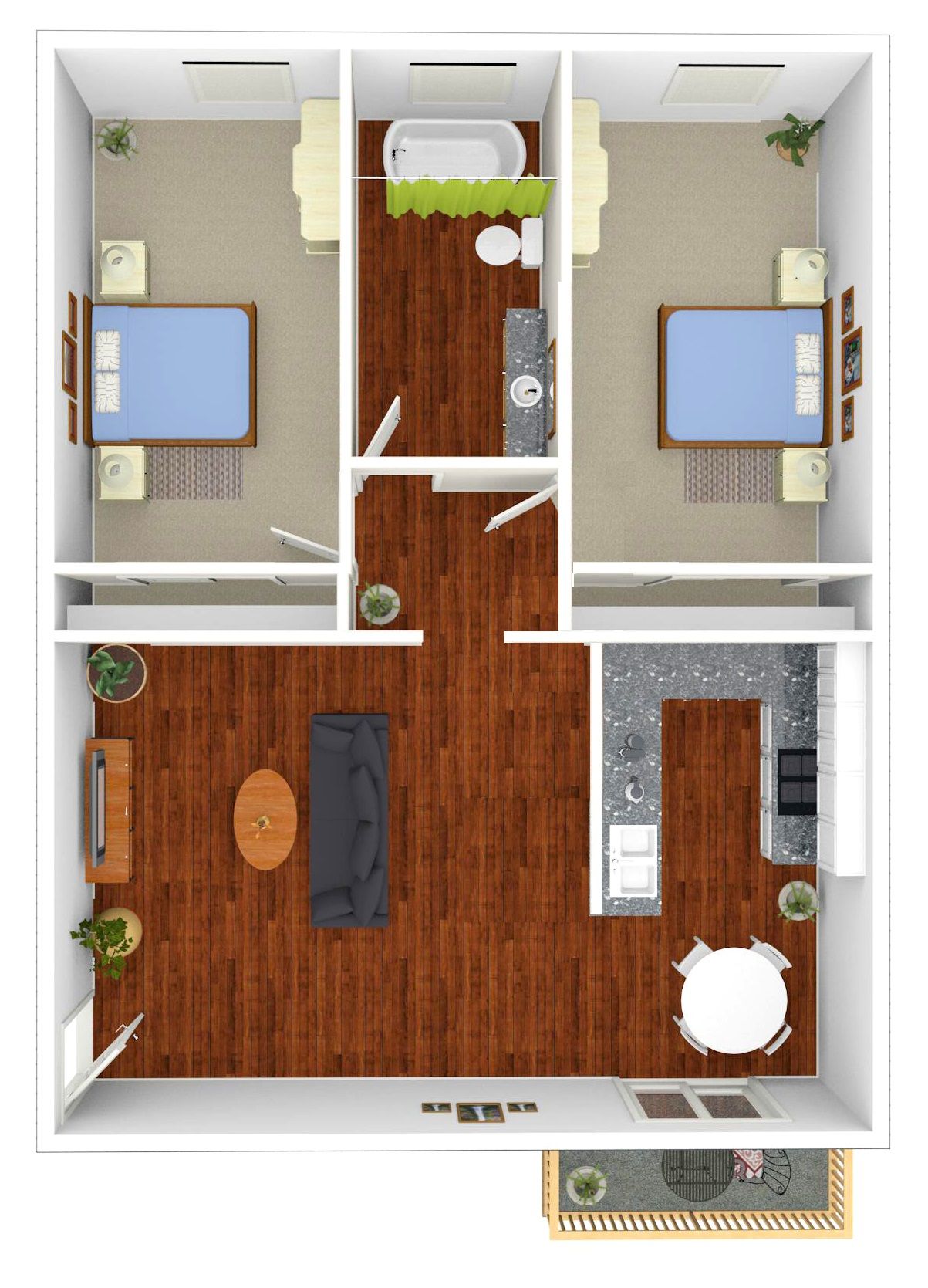A 3d floor plan of a house with two bedrooms and a bathroom.