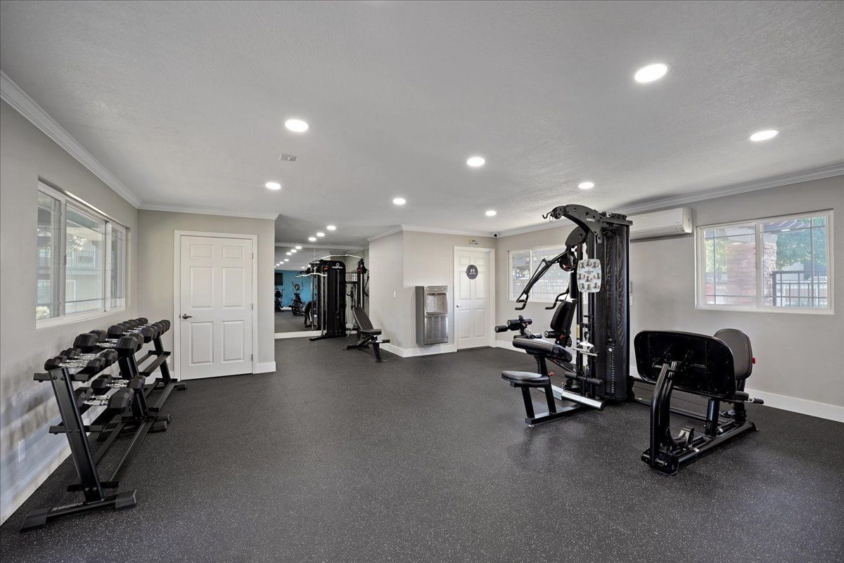 A large gym with a lot of equipment and a lot of windows.