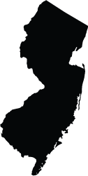 A black silhouette of the state of new jersey on a white background.
