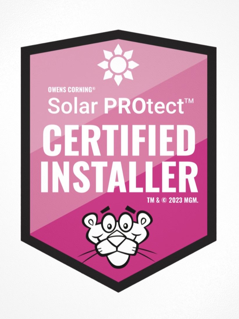 a pink badge that says solar protect certified installer | Millsboro, DE | Alpha Roofing & Siding