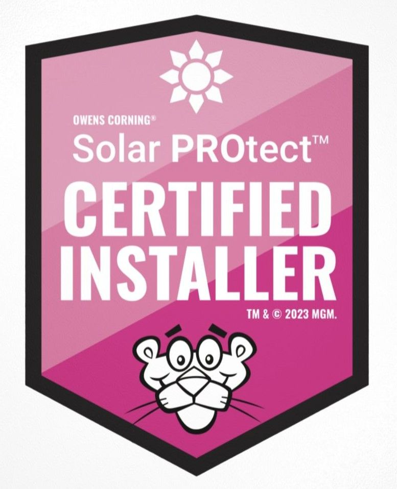a pink badge that says solar protect certified installer | Millsboro, DE | Alpha Roofing & Siding