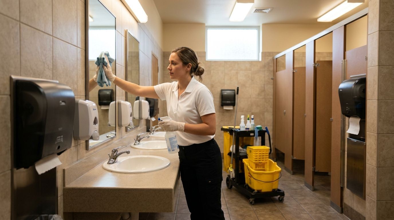 Professional cleaner cleaning and sanitizing restroom mirrors and sink areas, Richfield, MN