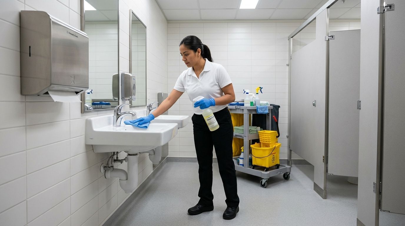 Professional cleaner disinfecting restroom sink and faucet with cleaning solution in commercial bathroom, Richfield, MN