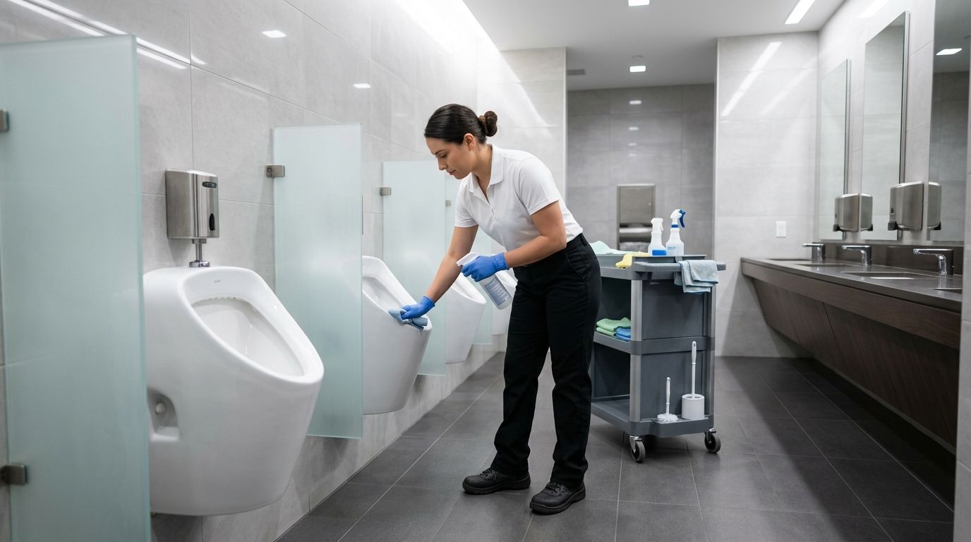 Professional cleaner disinfecting restroom sink and fixtures with cleaning solution in commercial bathroom, Richfield, MN