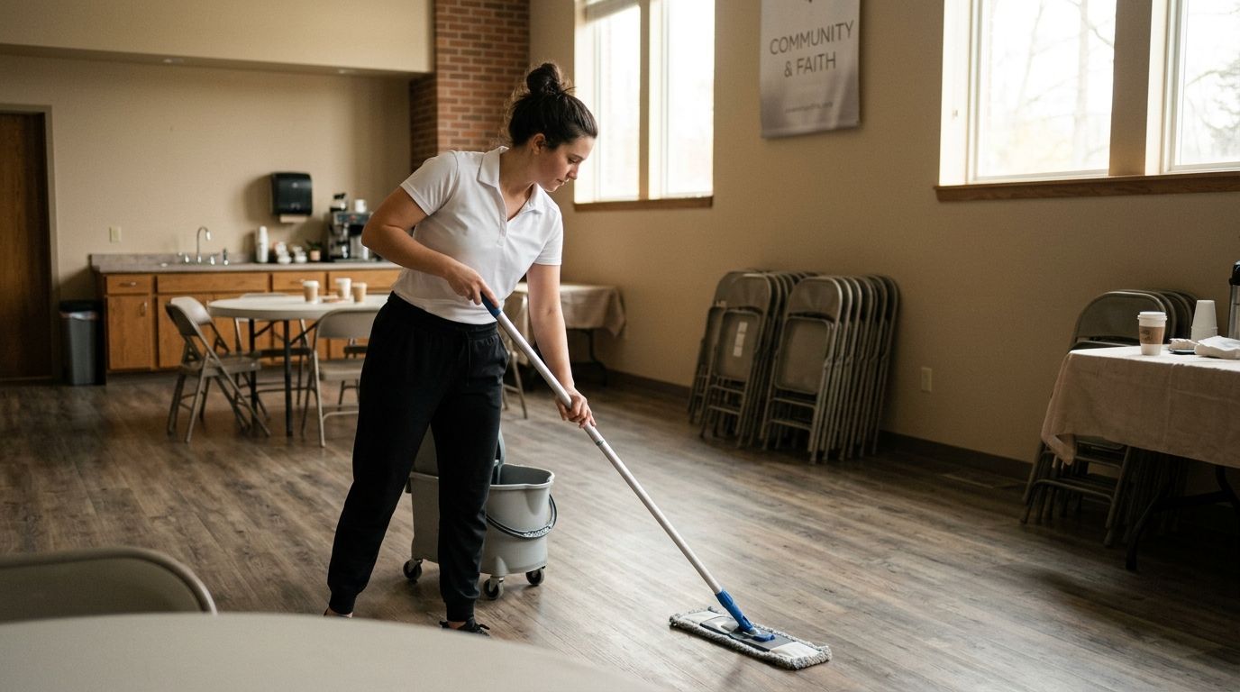Professional cleaner mopping and maintaining cleanliness in church fellowship hall floors, Richfield, MN