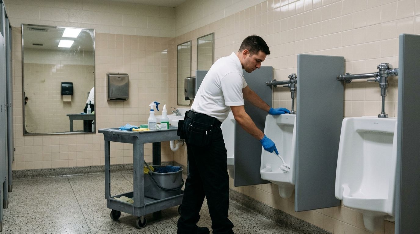 Professional cleaner scrubbing and disinfecting restroom urinals and fixtures, Richfield, MN