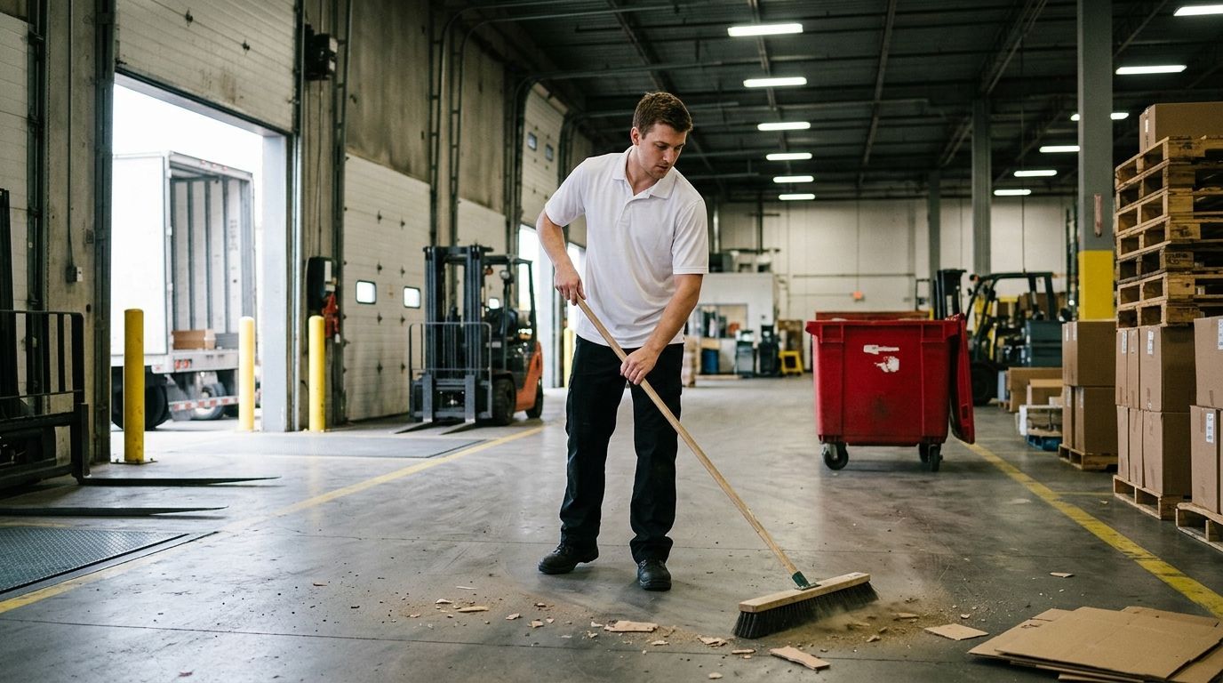 Professional cleaner sweeping debris and clearing warehouse floor for safe operations, Richfield, MN