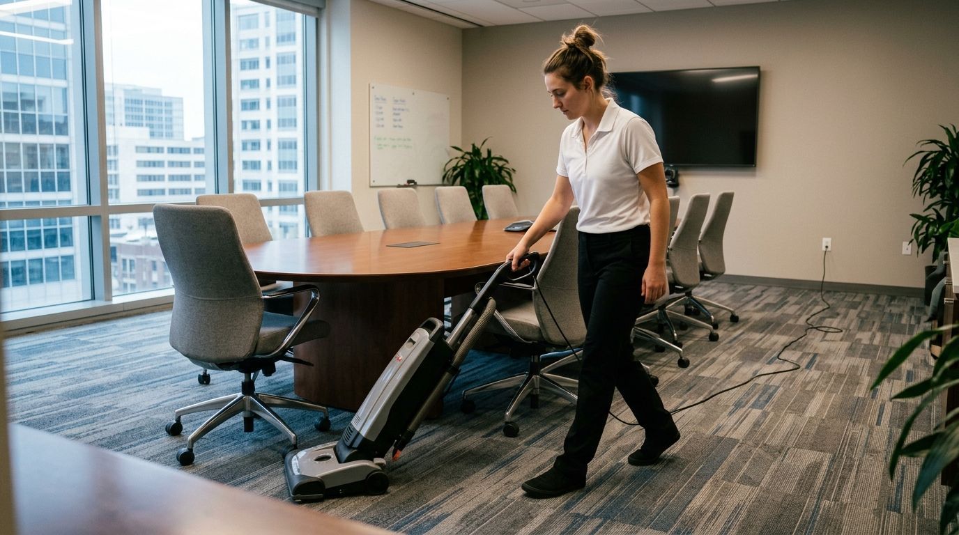 Professional cleaner vacuuming carpet in conference room with commercial vacuum, Richfield, MN