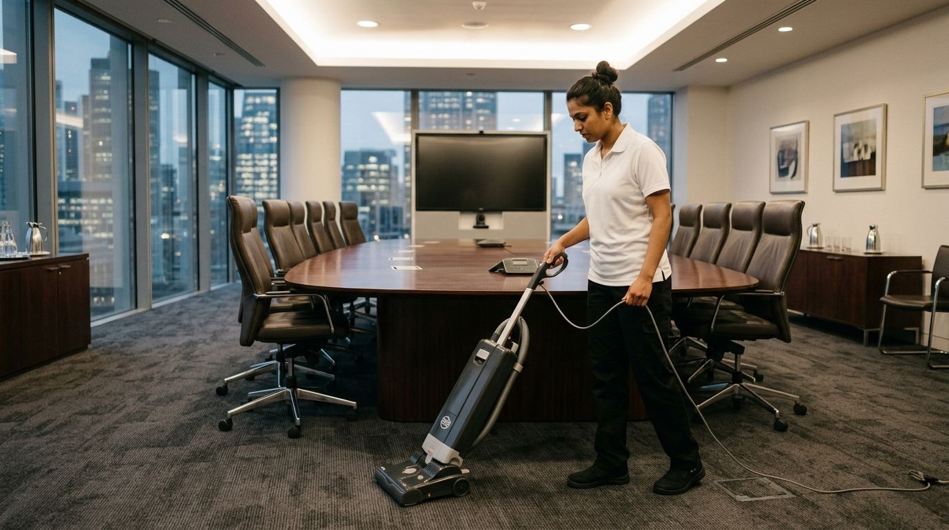 Professional cleaner vacuuming carpeted conference room floor around large meeting table, Richfield, MN