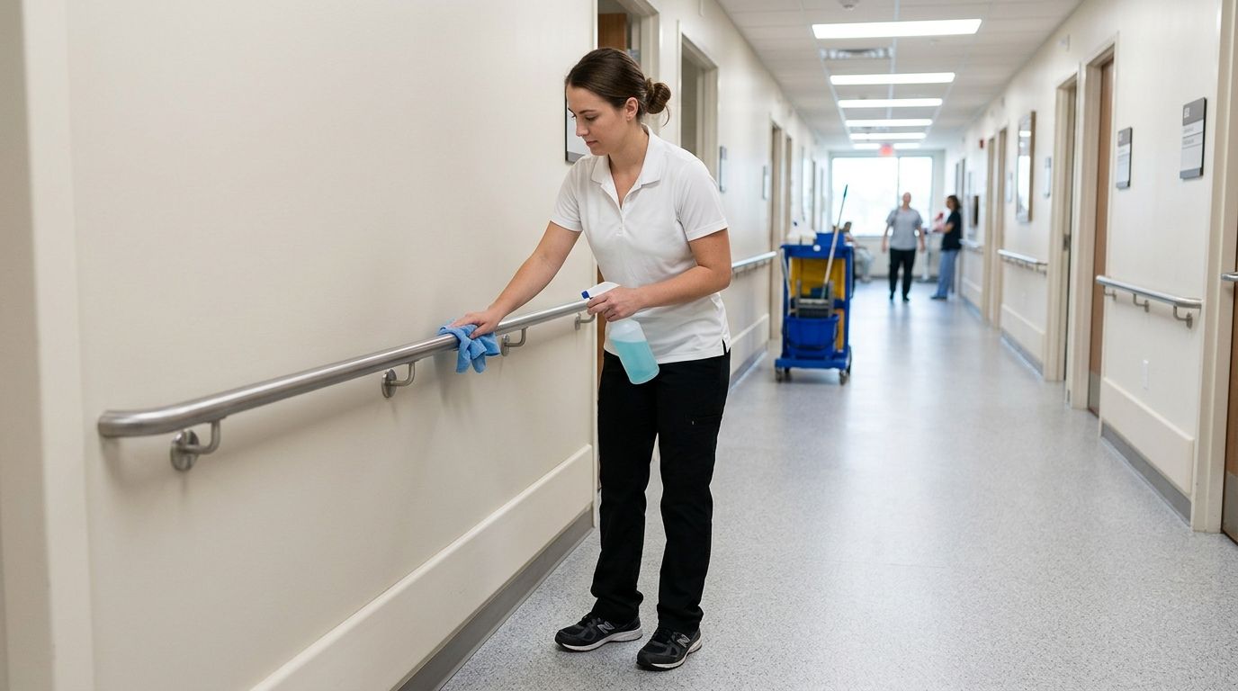 Professional cleaner wiping and sanitizing hallway handrails with disinfectant cloth, Richfield, MN