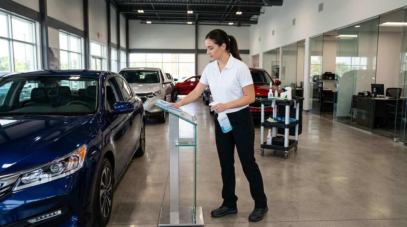 Professional cleaner wiping glass podium and disinfecting showroom surface near parked vehicles, Richfield, MN