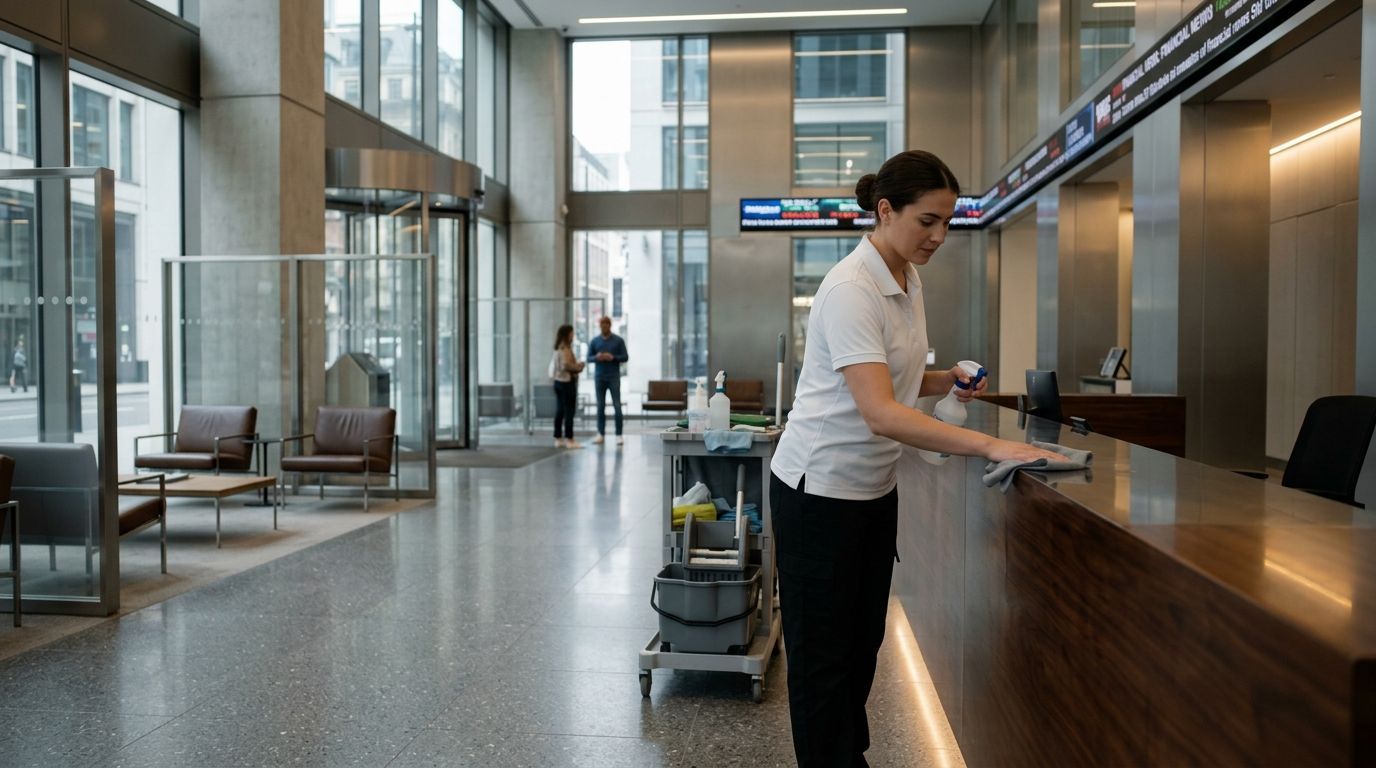 Professional cleaner wiping reception desk surface with disinfectant cloth in office lobby, Richfield, MN