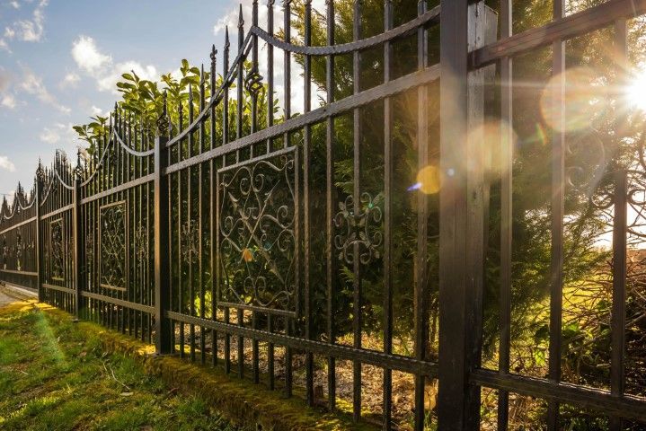 Black wrought-iron fence with decorative panels, in front of greenery and a sunlit background.