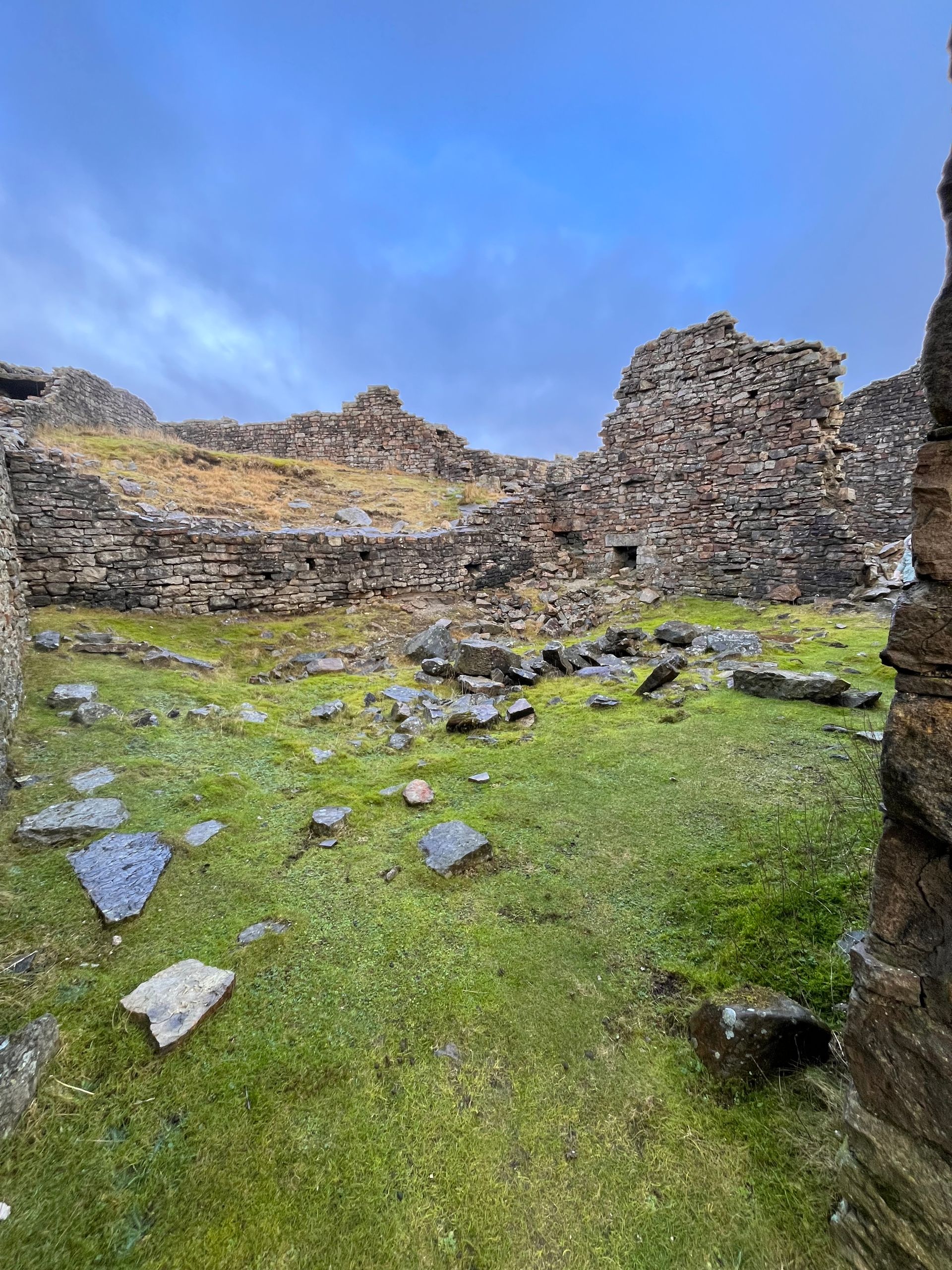 A stone wall is surrounded by grass and rocks in a field.