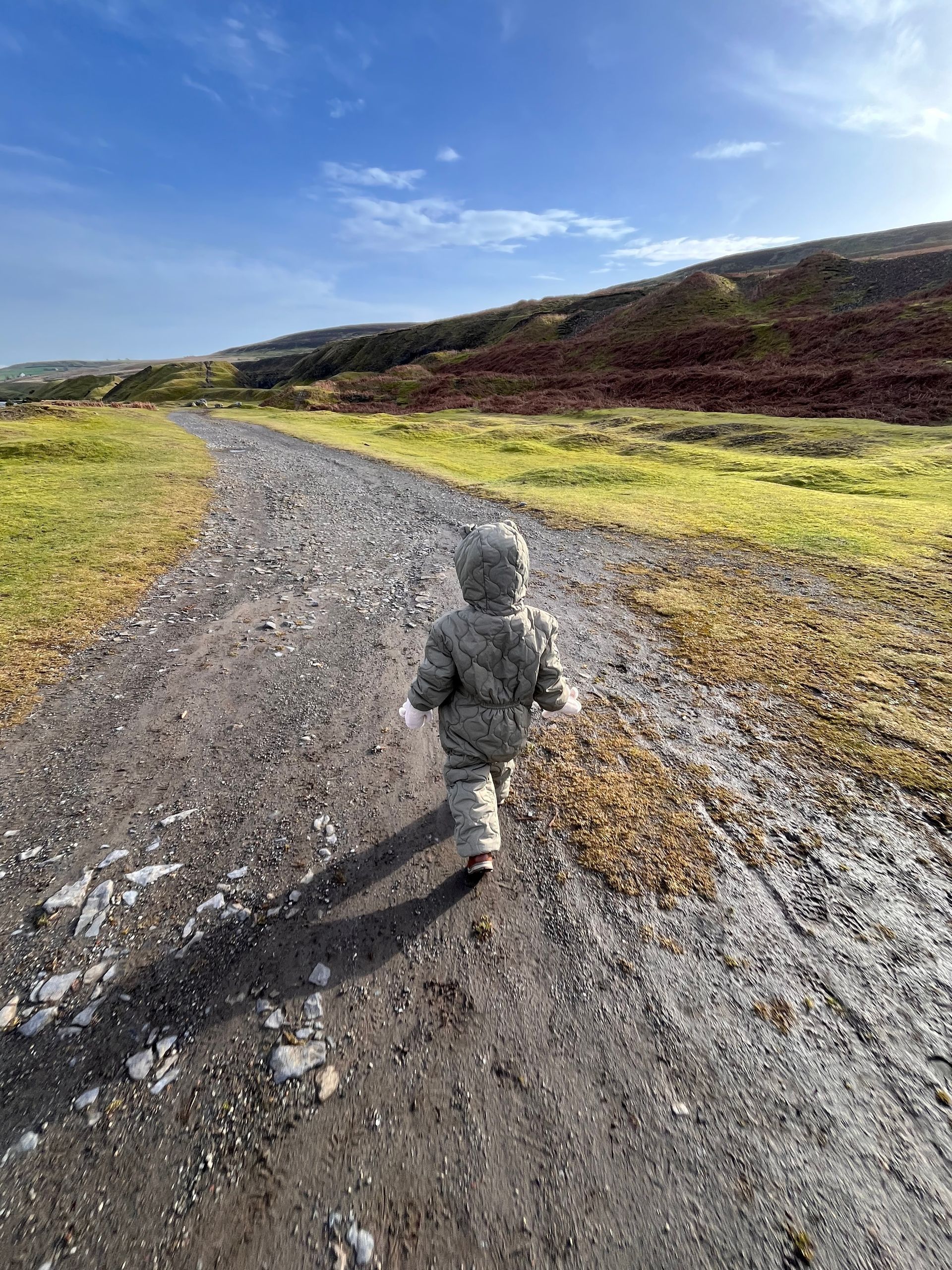 A little boy is running down a dirt road.