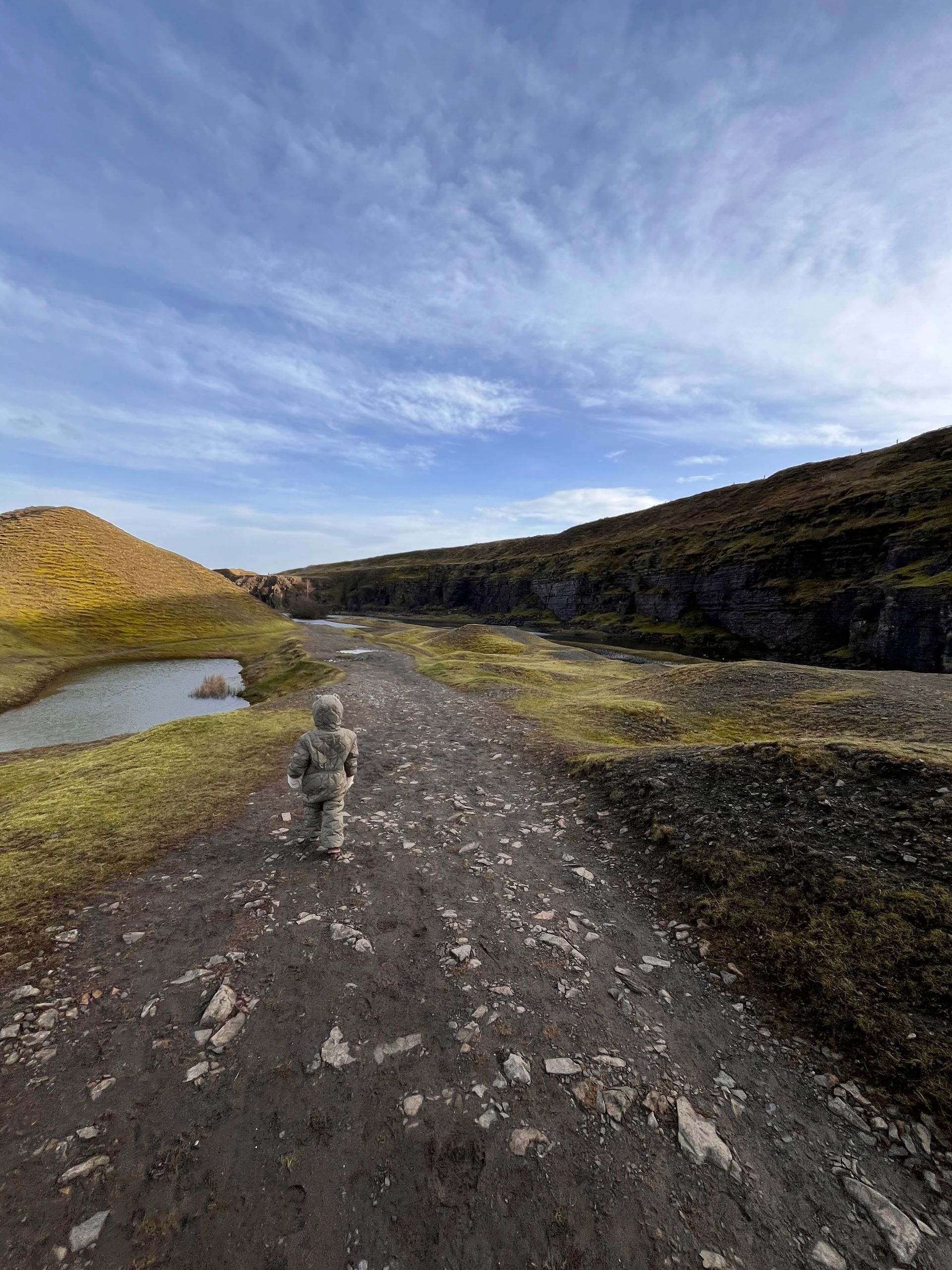 A person is walking down a dirt road in the mountains.