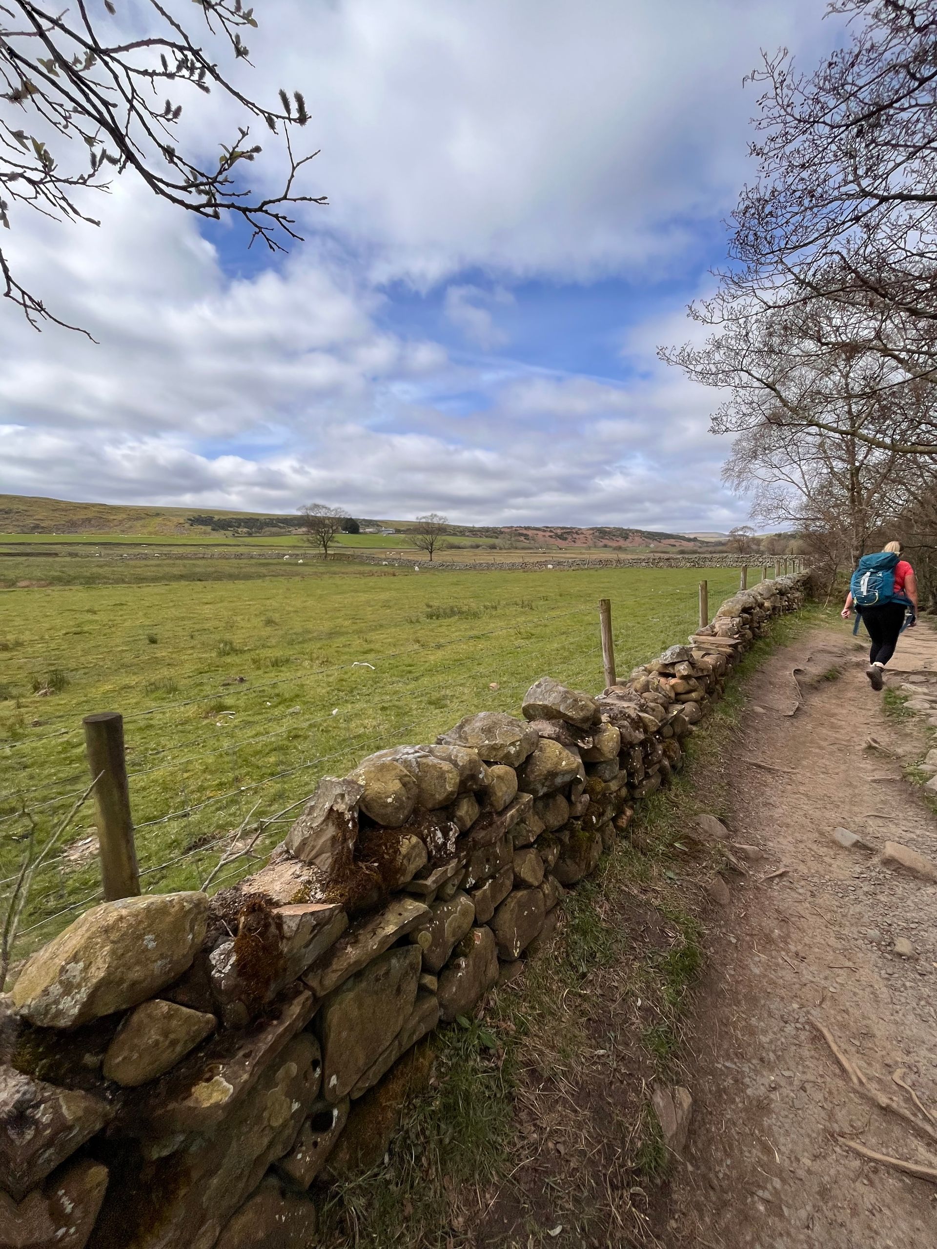 A person is walking down a path next to a stone wall.