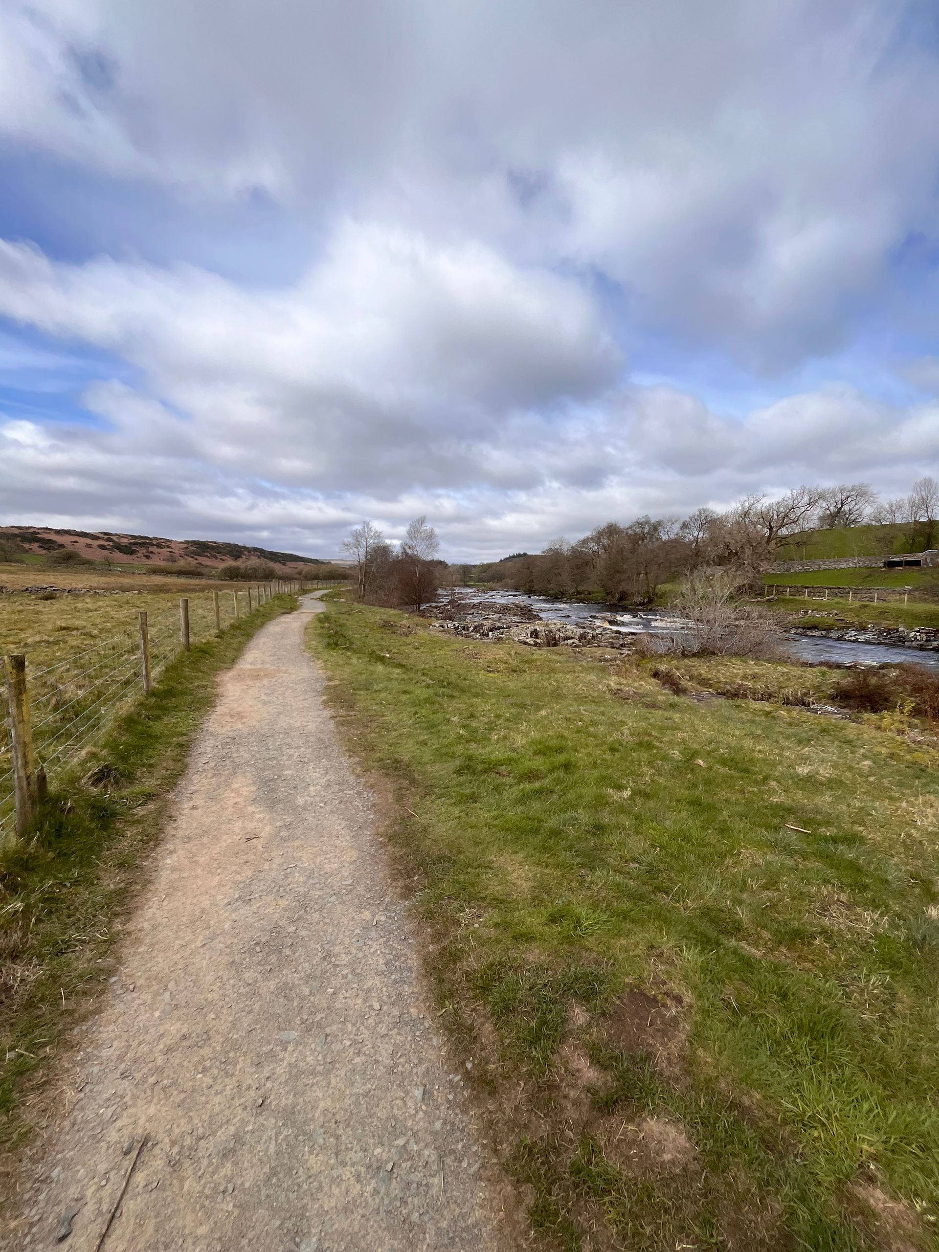 A dirt path going through a grassy field with a river in the background.