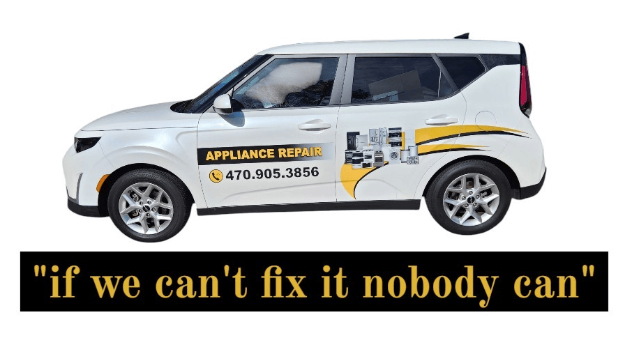 White appliance repair service vehicle with "if we can't fix it nobody can" text.
