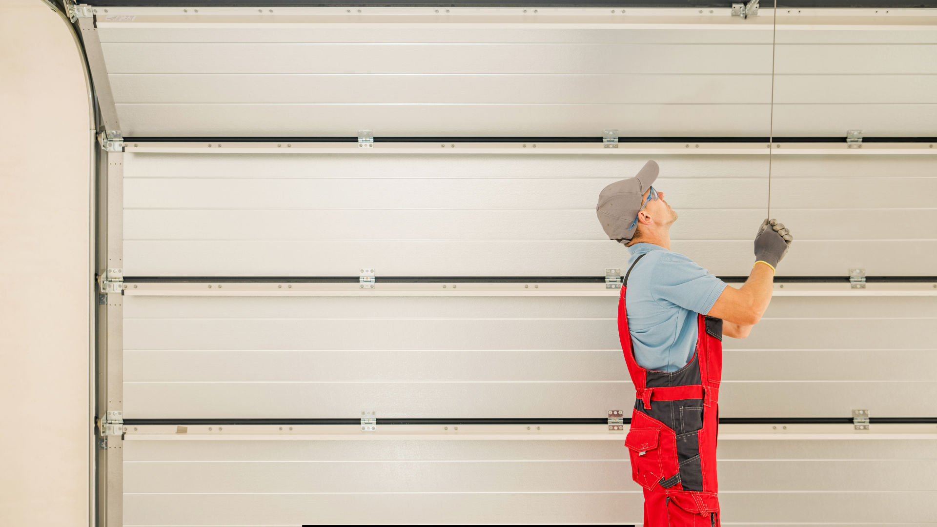A man is installing a garage door in a garage.