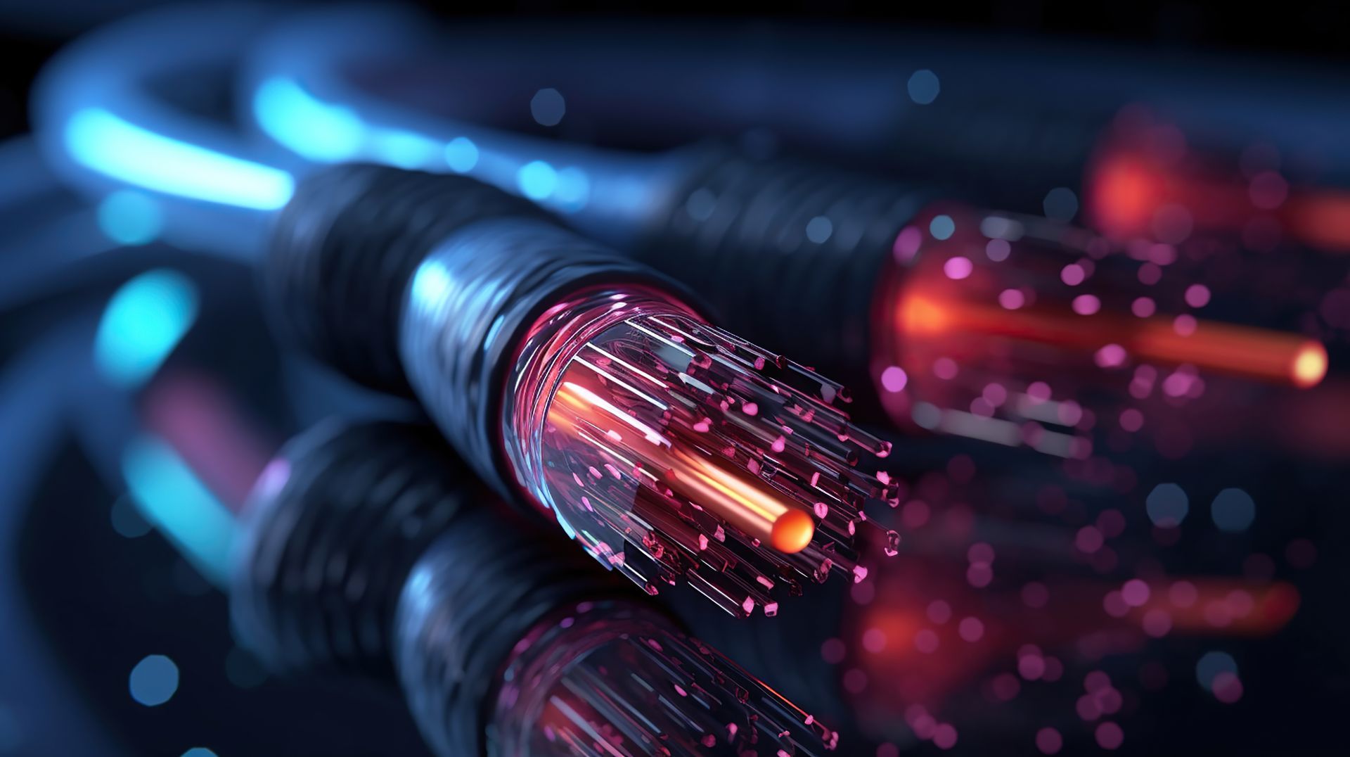 Un gros plan d'un câble à fibre optique avec des lumières rouges et bleues qui en sortent.