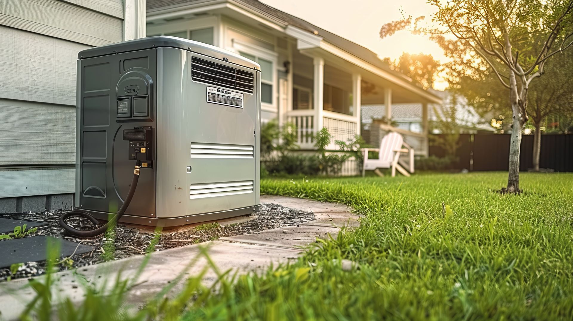 Un générateur est assis sur le côté d'une maison dans l'arrière-cour.