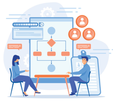 A man and a woman are sitting at a table looking at a flow chart.