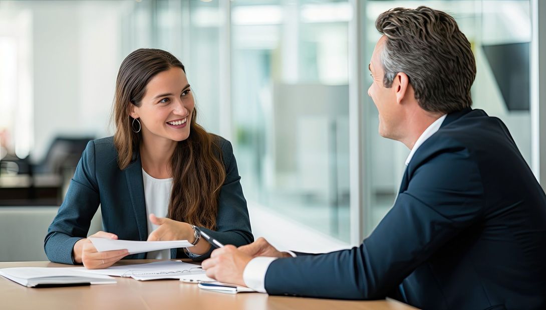 A man and a woman are sitting at a table having a conversation.