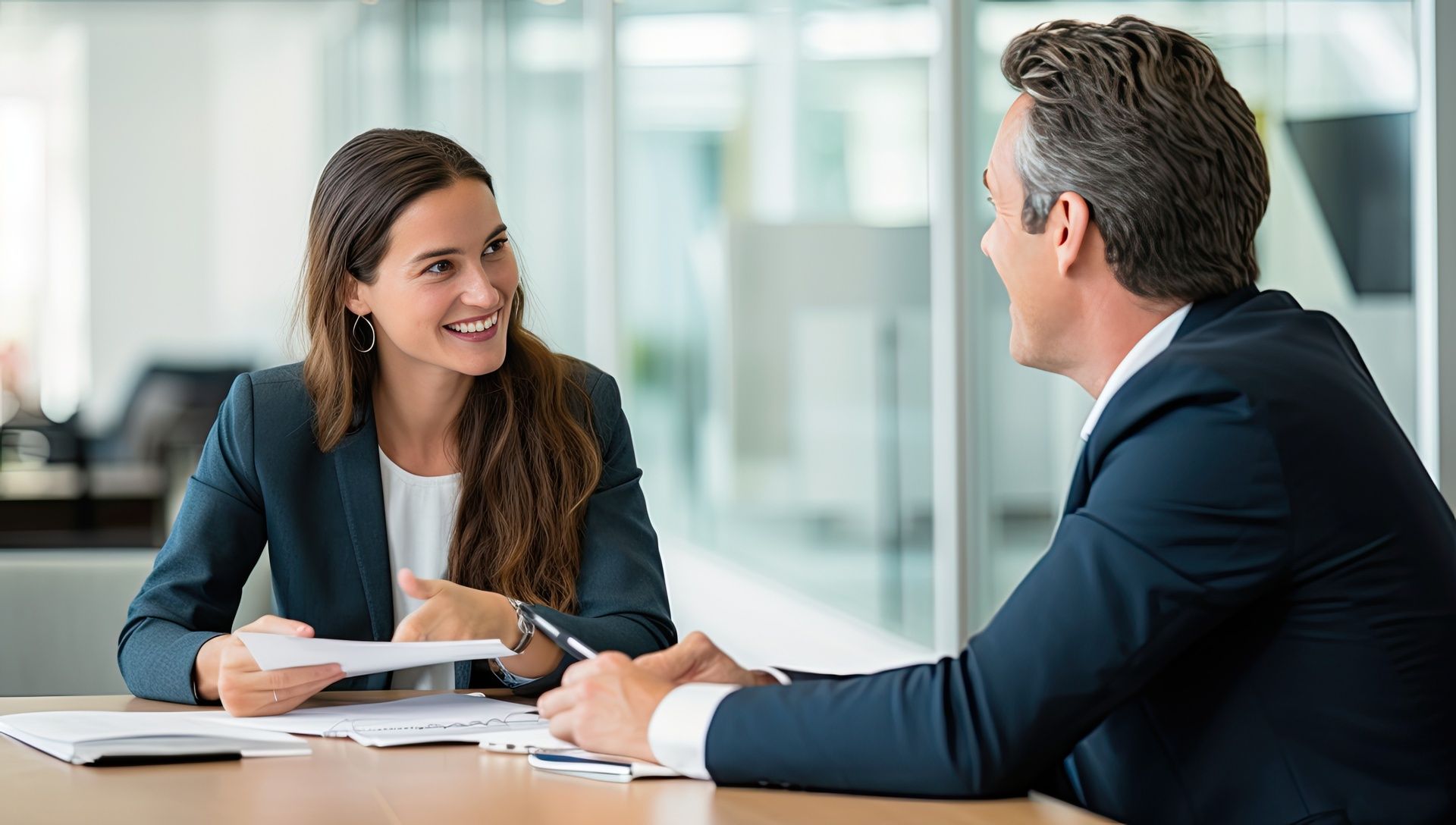 A man and a woman are sitting at a table having a conversation.