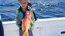 A young boy is holding a large fish on a boat.