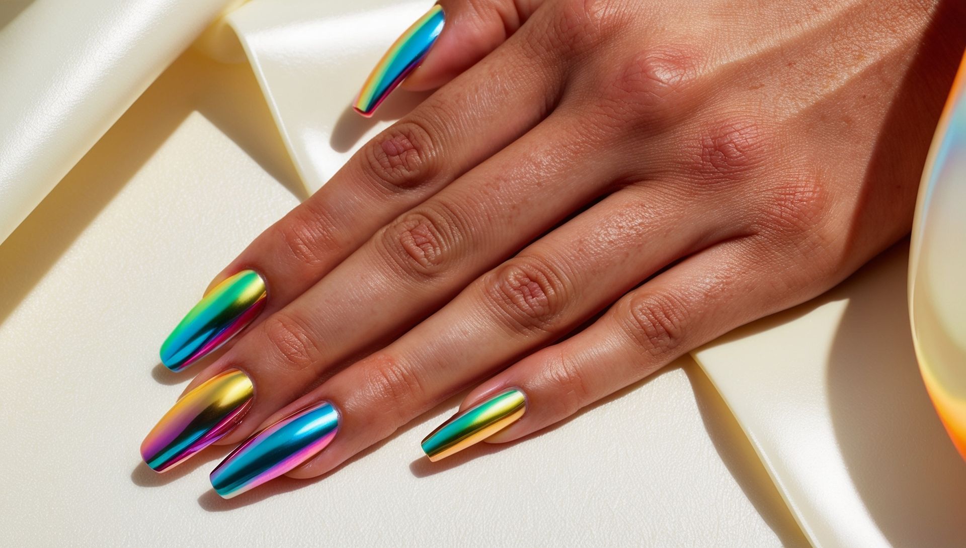 A close up of a woman 's hand with rainbow colored nails.