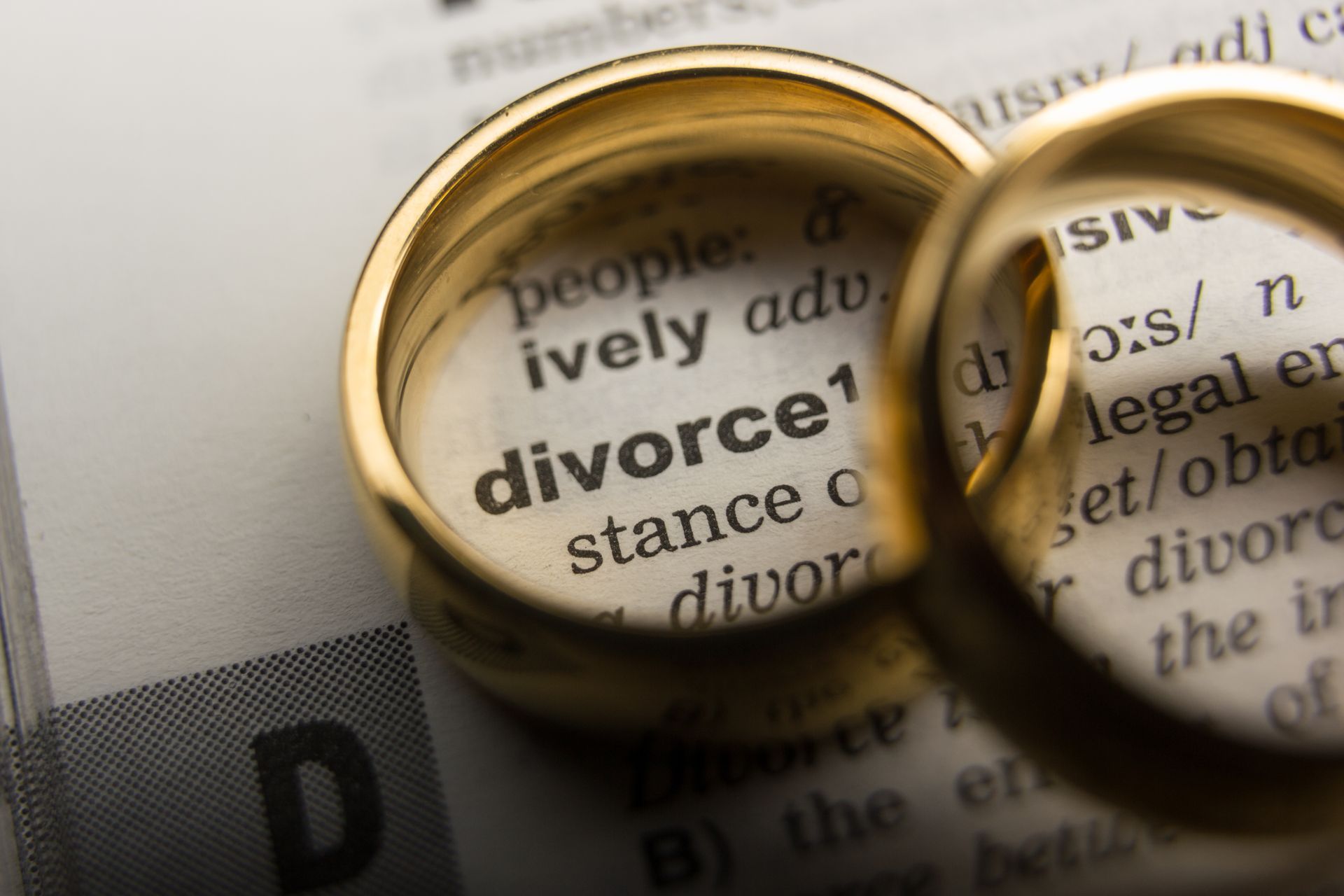 A pair of wedding rings on top of a dictionary page that says divorce