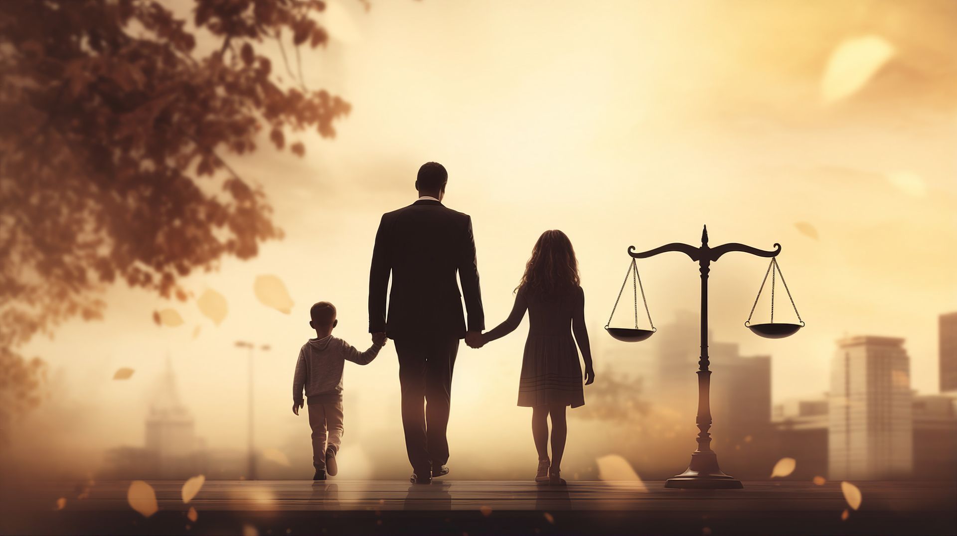 Father holding hands with two children, walking towards a scale of justice, city skyline in background.