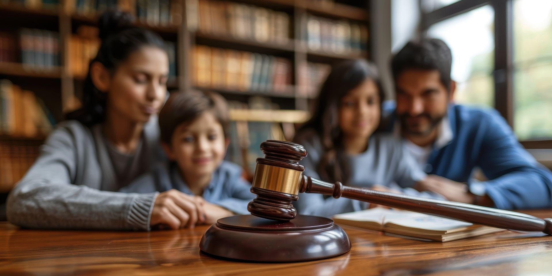 Family with a gavel on a table. Blurred bookshelf in the background.