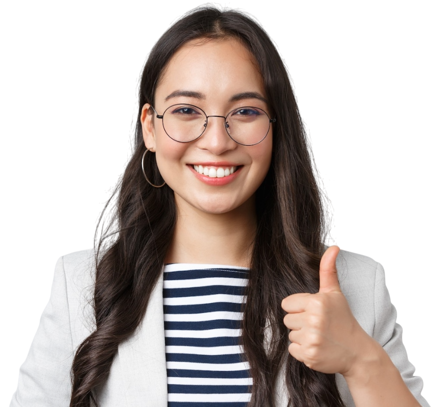 A woman wearing glasses and a striped shirt is giving a thumbs up.