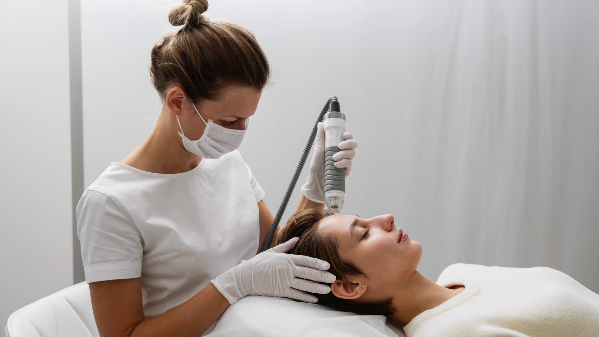 A woman is getting a hair treatment at a beauty salon.