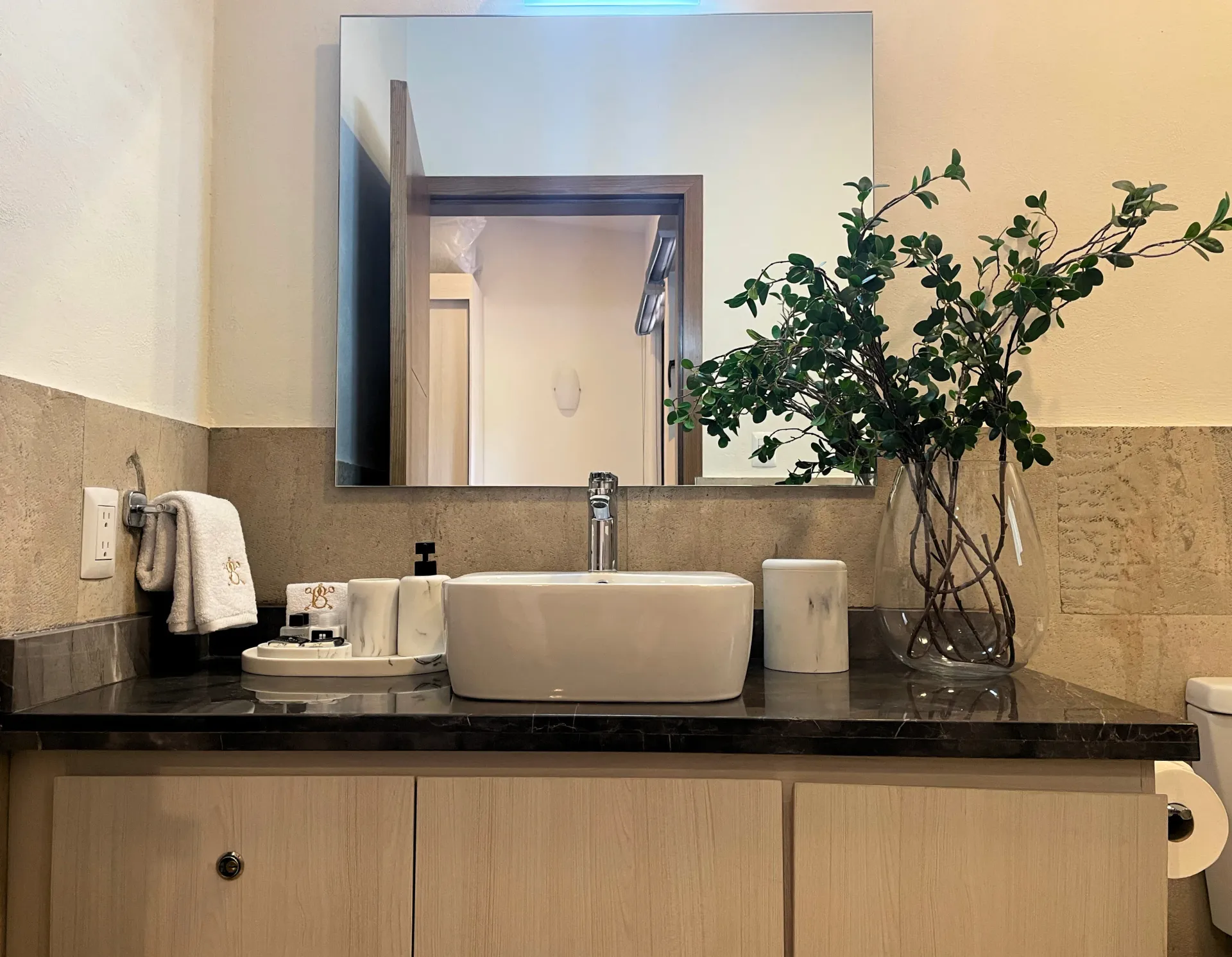 Bathroom vanity with square mirror, white sink, green plant, and toiletries.
