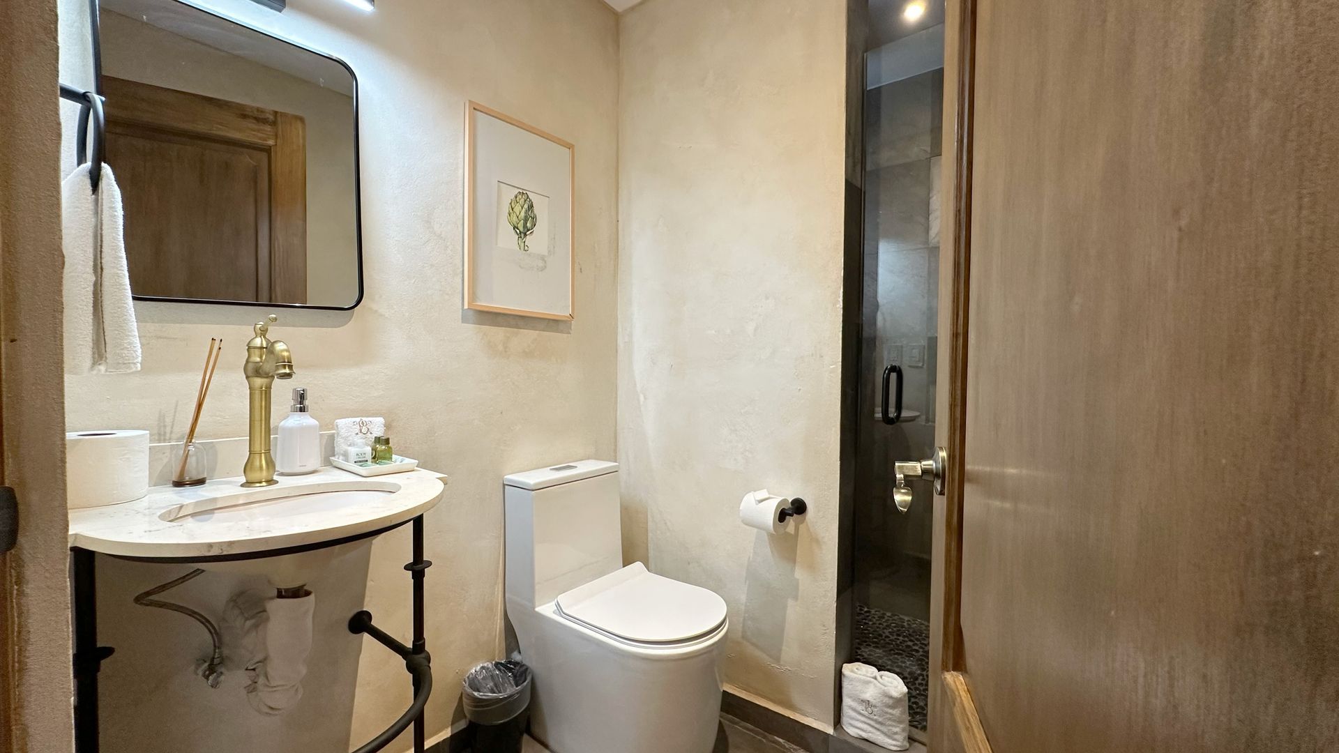 Small beige bathroom with pedestal sink, toilet, mirror, and wooden door.