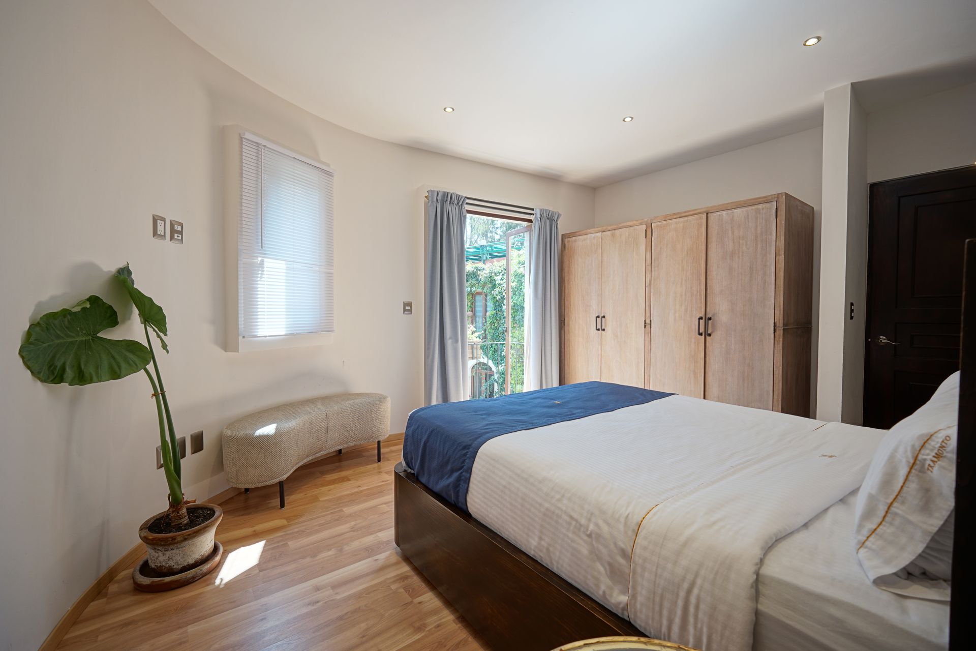 Bright bedroom with bed, wardrobe, bench, plant, and sunlight through a glass door
