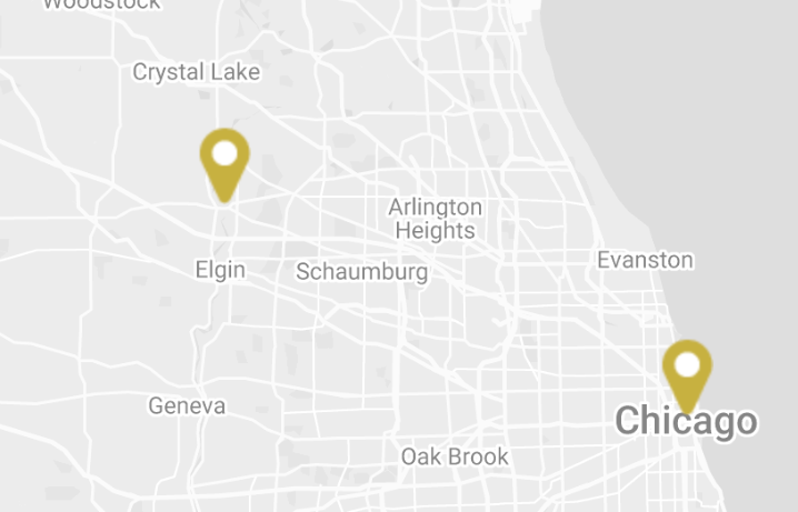 A map of chicago with two yellow pins on it.