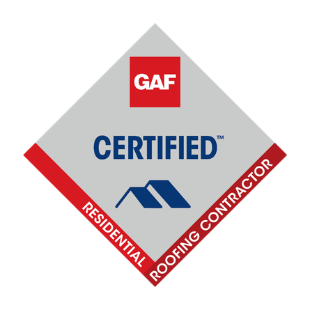 A diamond-shaped GAF Certified Residential Roofing Contractor logo with red, white, and blue text and a roof icon.