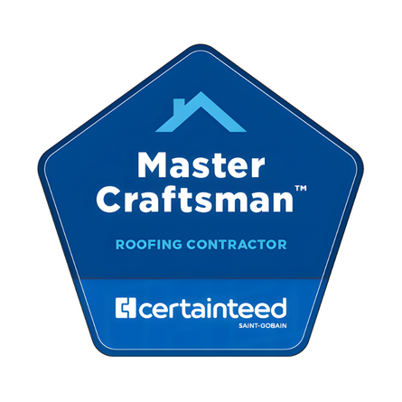 Blue CertainTeed Master Craftsman Roofing Contractor pentagonal badge with a white roof icon and brand logo.