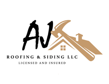 Logo for AJ Roofing & Siding LLC featuring the letters AJ in black and a beige hammer superimposed on a house outline.