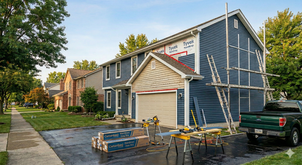 A house undergoing exterior siding renovation with scaffolding, building materials, and a pickup truck in the driveway.