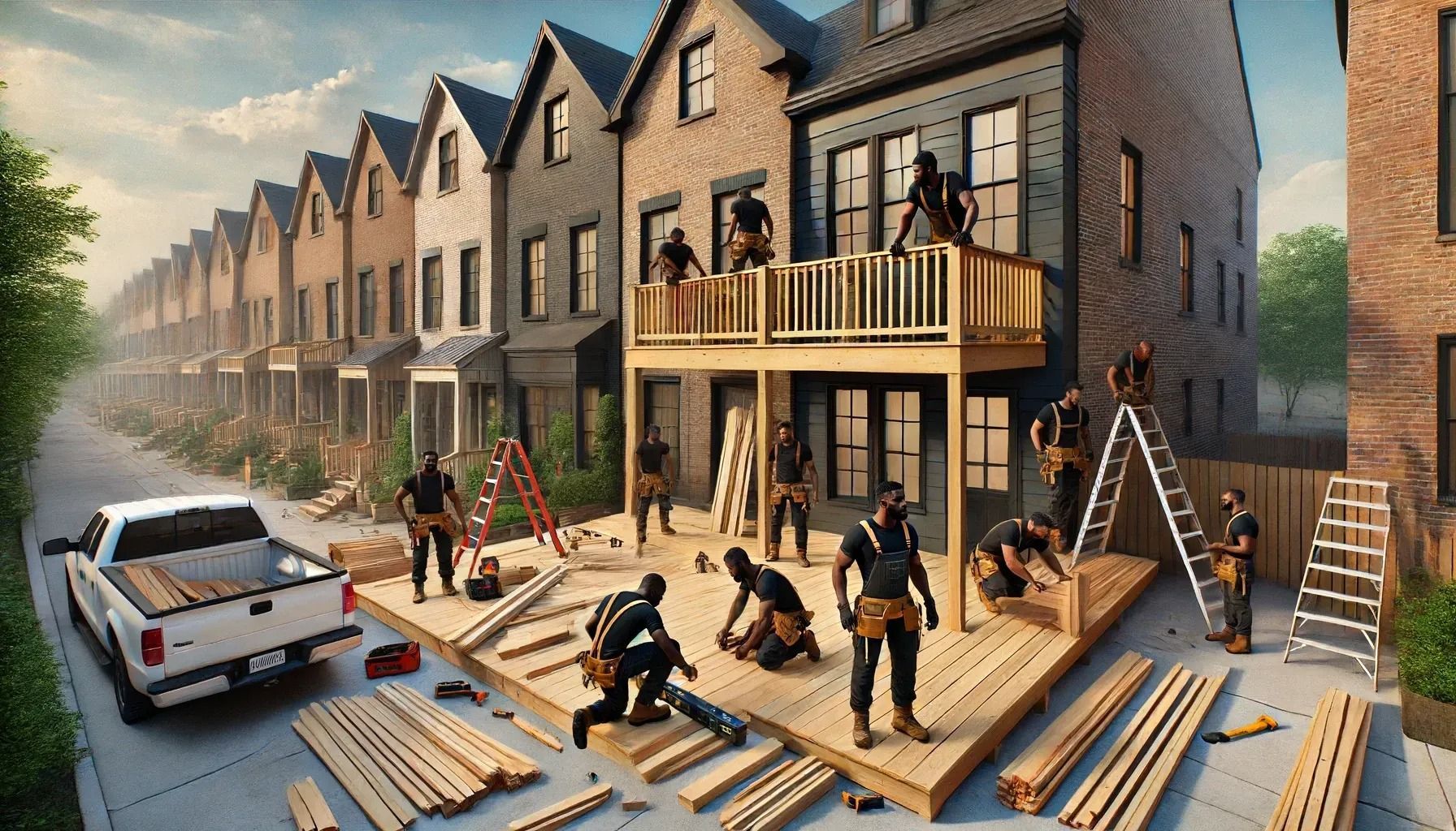 A group of people are working on a wooden deck in front of a row of houses.