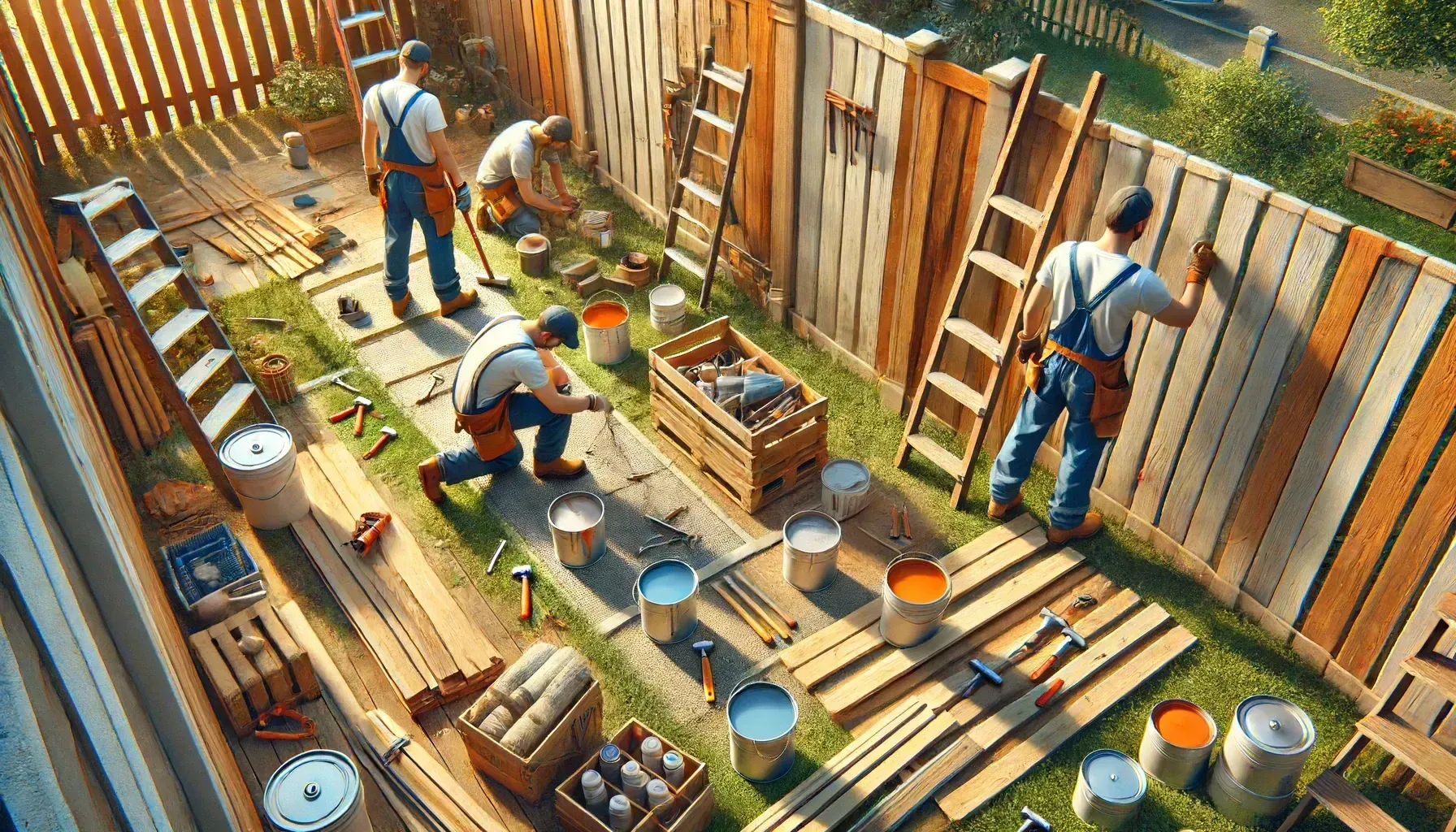 A group of men are painting a wooden fence in a backyard.