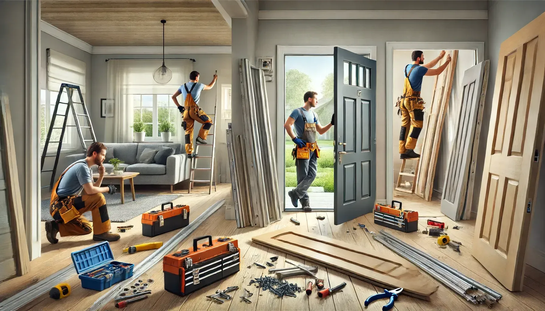 A group of men are working on a door in a living room.