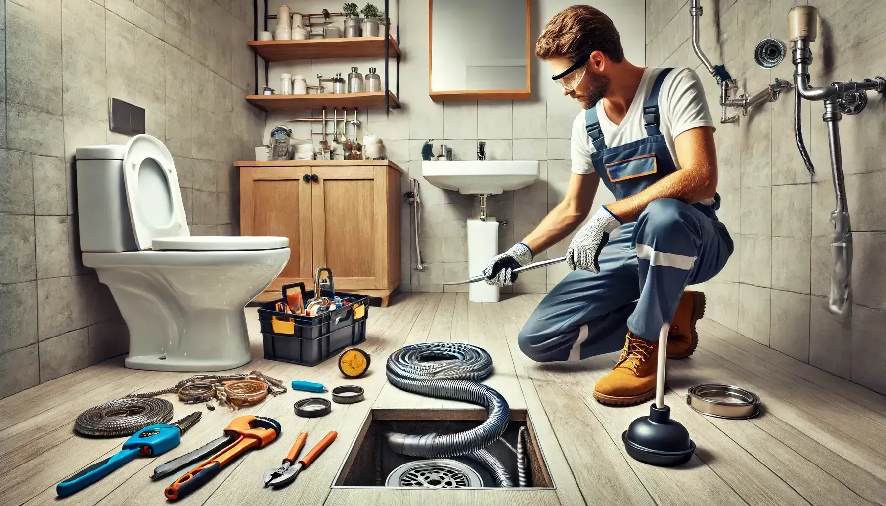 A plumber is fixing a drain in a bathroom.
